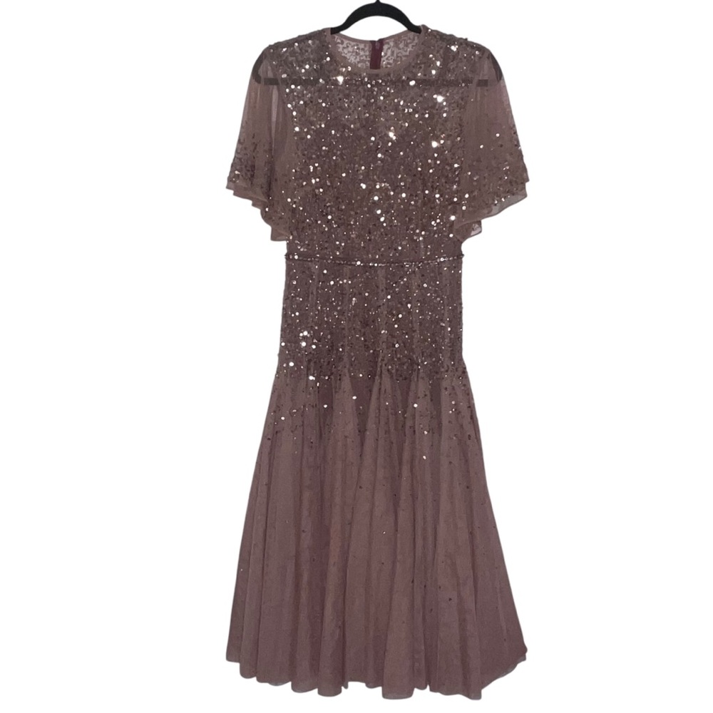 NEW NWT Mac Duggal Cape Sleeve Beaded Tea Length Drop Waist Midi Dress Rosewood - Picture 3 of 14
